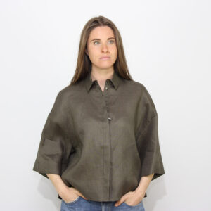 CAMICIA CROPPED BOXY MIRANO IN TELA DI PURO LINO LAVATA VERDE SCURO