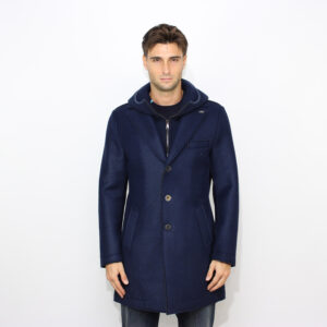 Cappotto in neoprene doppiato con pettorina e cappuccio blu navy