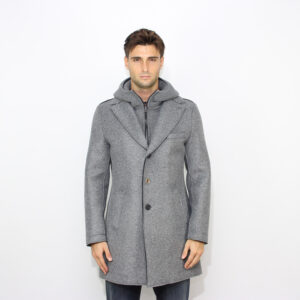 Cappotto in neoprene doppiato con pettorina e cappuccio grigio cenere