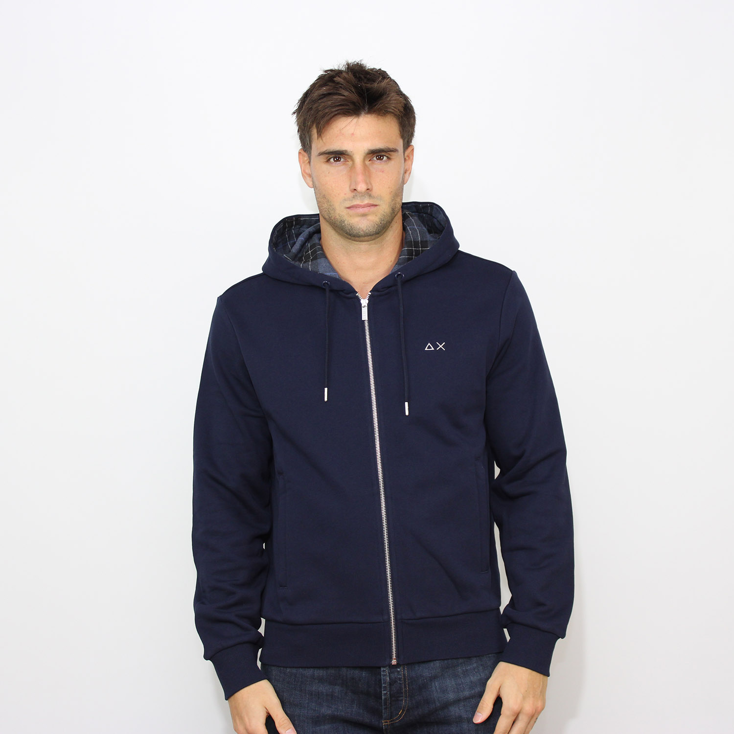 Felpa fullzip con cappuccio e dettagli in contrasto blu navy