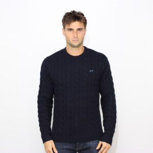 Maglia girocollo in misto lana a trecce blu navy