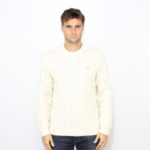Maglia girocollo in misto lana a trecce bianco panna