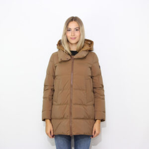 Piumino Unix con cappuccio in contrasto di materiale nocciola