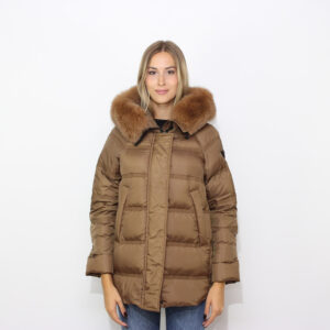 Piumino Takan in nylon superlight con bordo pelliccia nocciola