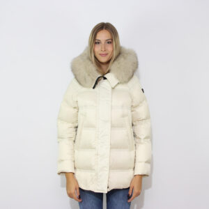 Piumino Takan in nylon superlight con bordo pelliccia avorio