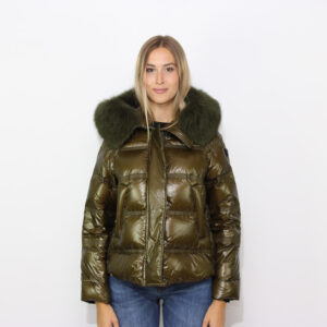 Piumino Takan Mid in nylon ripstop lucido con bordo pelliccia verde edera