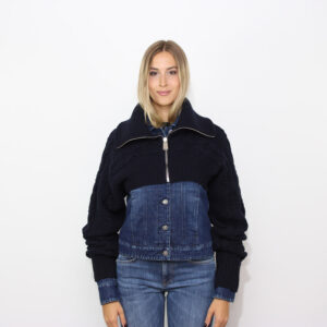 Giubbo slim in denim fisso con bolerino in maglia removibile lavaggio medio pulito