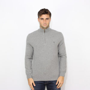 Maglia mezza zip in lana fawn grey heather