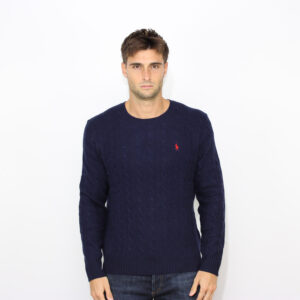 Maglia girocollo in lana e cashmere a trecce hunter navy