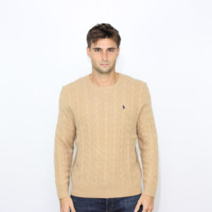 Maglia girocollo in lana e cashmere a trecce cammello