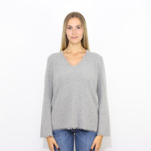 Maglia scollo V costa inglese con frange grigio perla