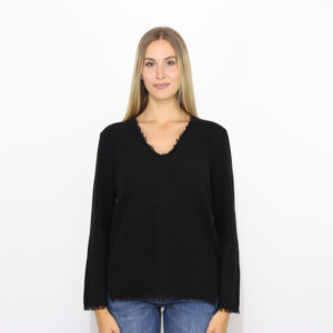 Maglia scollo V costa inglese con frange nero