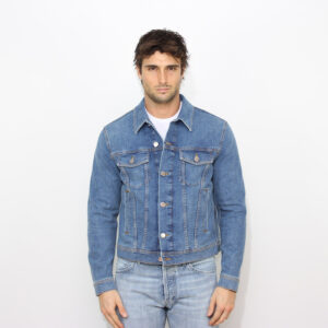 Giubbino trucker regular in denim comfort stretch blu medio stone bleach