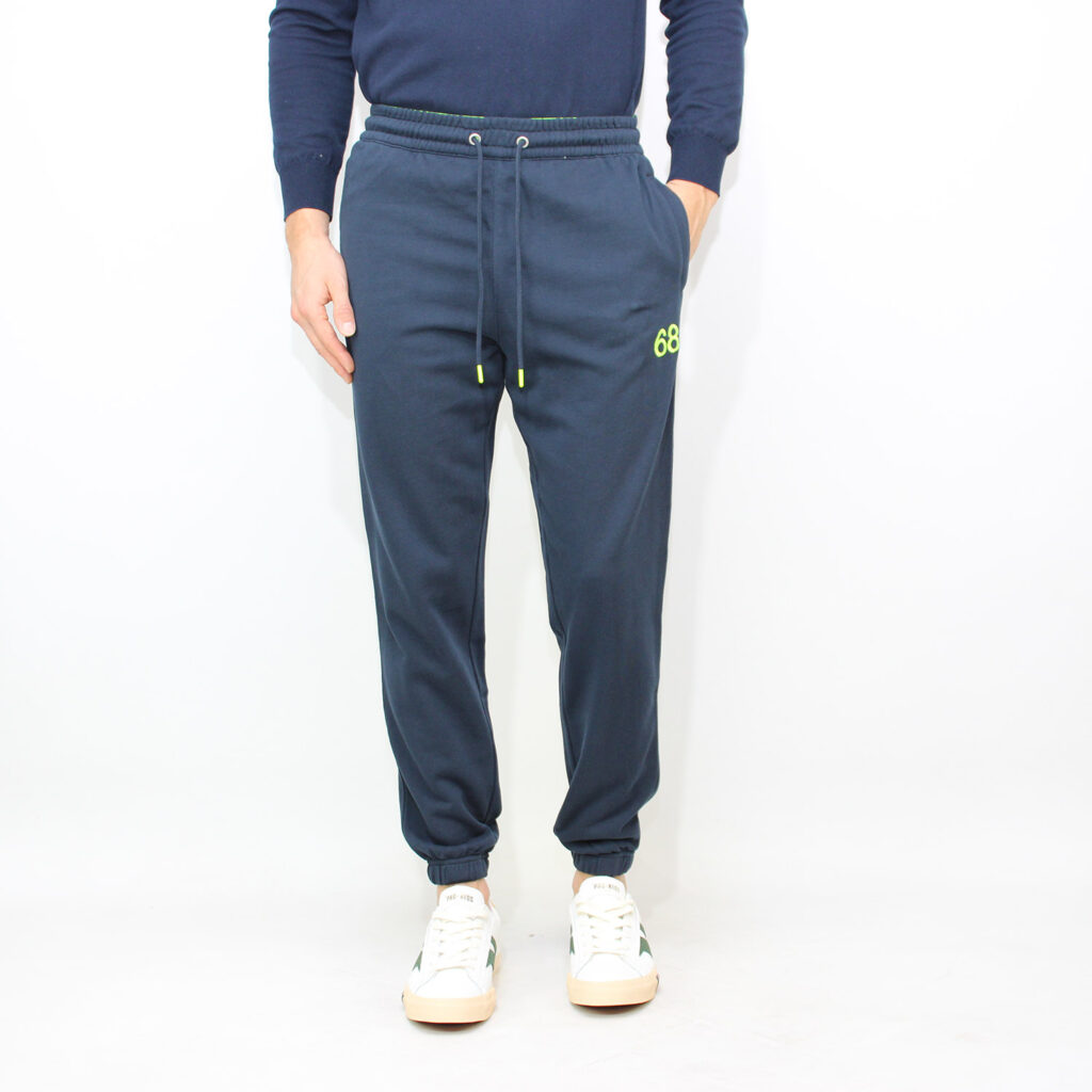 Pantalone jogging in felpa di cotone logo fluo blu navy