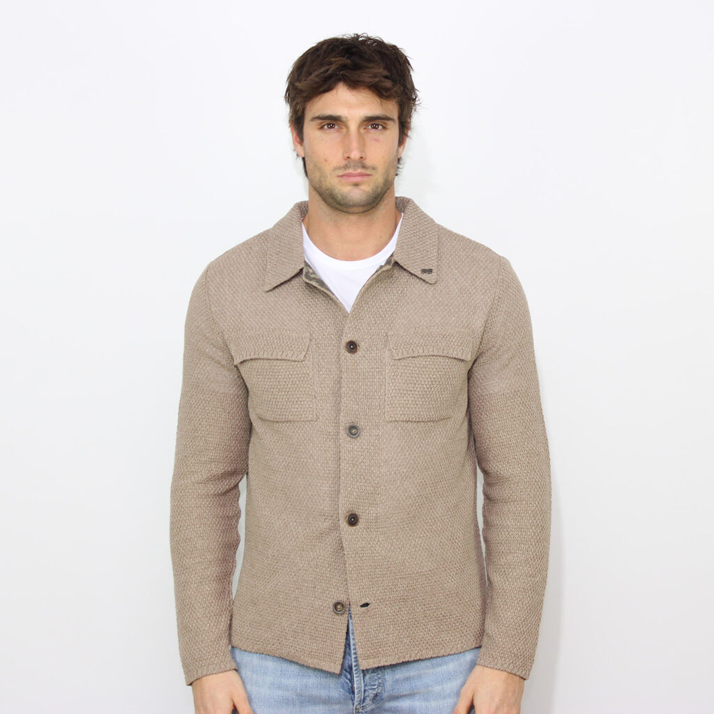 Cardigan con collo in maglia tramata fango