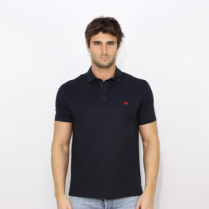 Polo Mezzola in piquet stretch di cotone e seta blu grafite