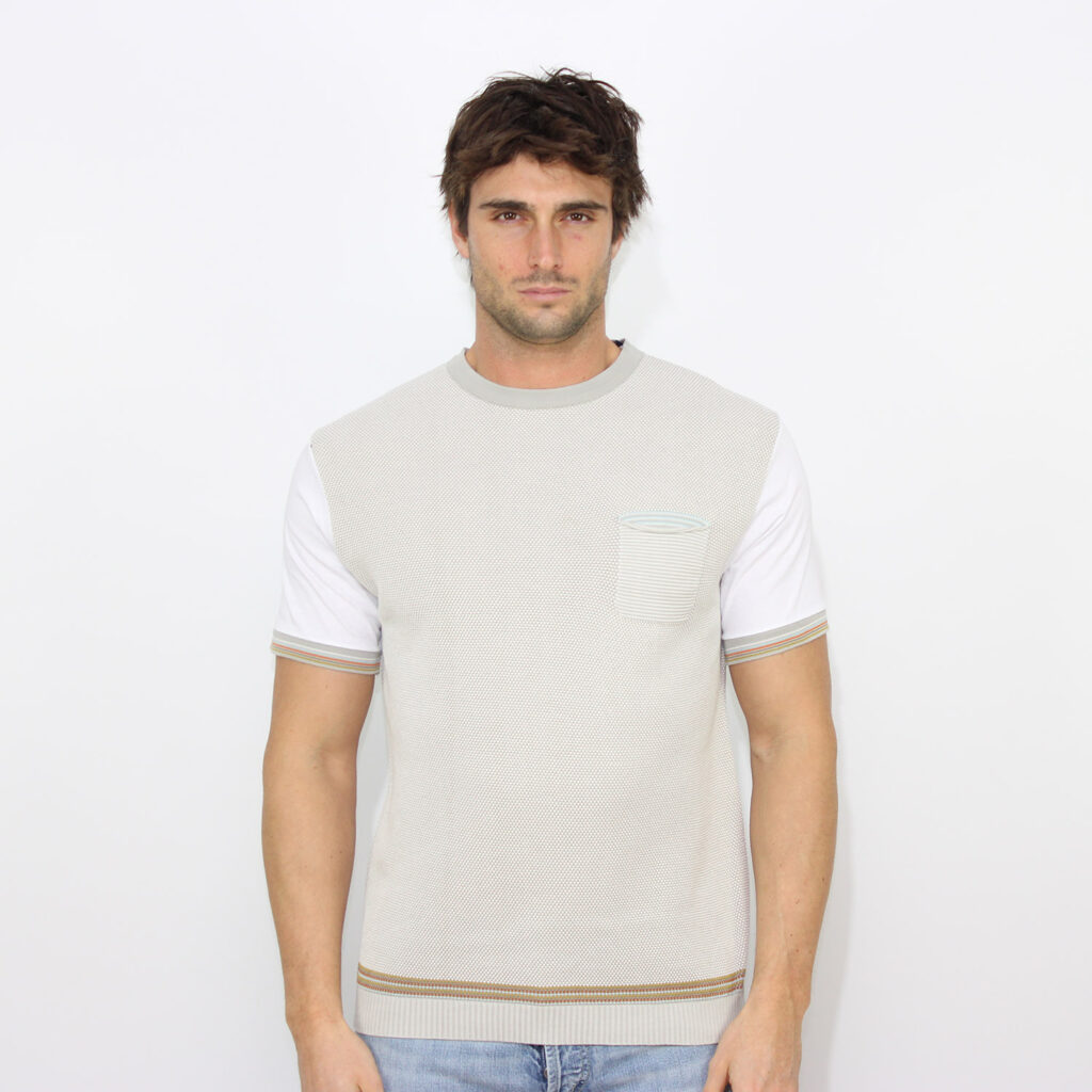 T-shirt con pannello frontale in maglia tramata naturale