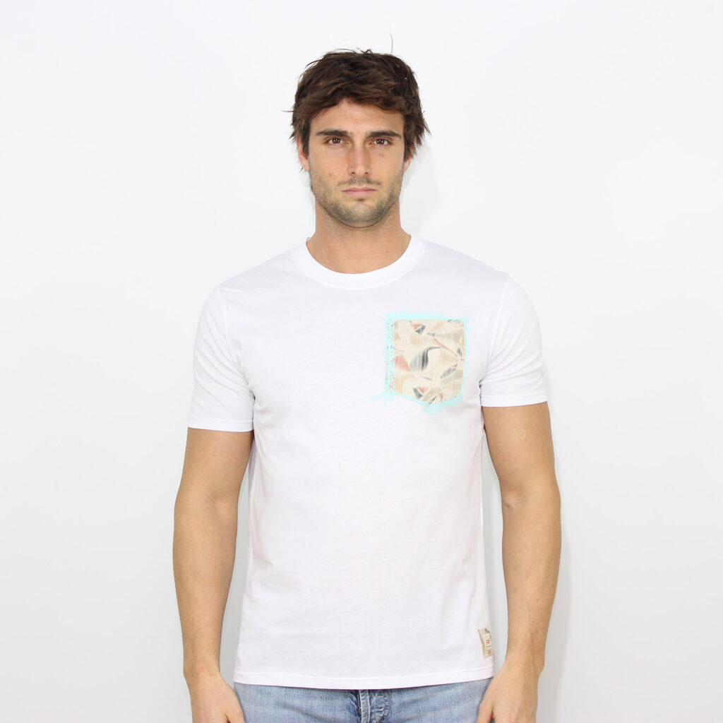 T-shirt con taschino in tessuto fantasia bianco
