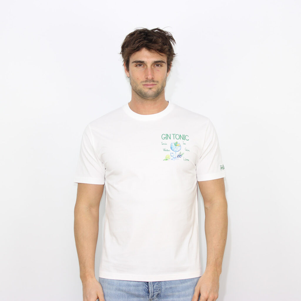 T-shirt ricamata e stampata Gin Tonic recipe bianco