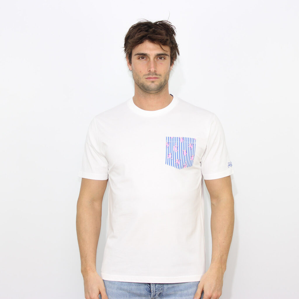 T-shirt con taschino stampato monkeys stripes bianco
