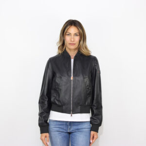Bomber Choisya Leather in pelle nappa tinta con dettagli maglia blu grafite
