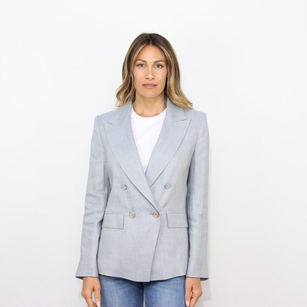 Blazer Bussola doppiopetto in chevron di misto lino azzurro