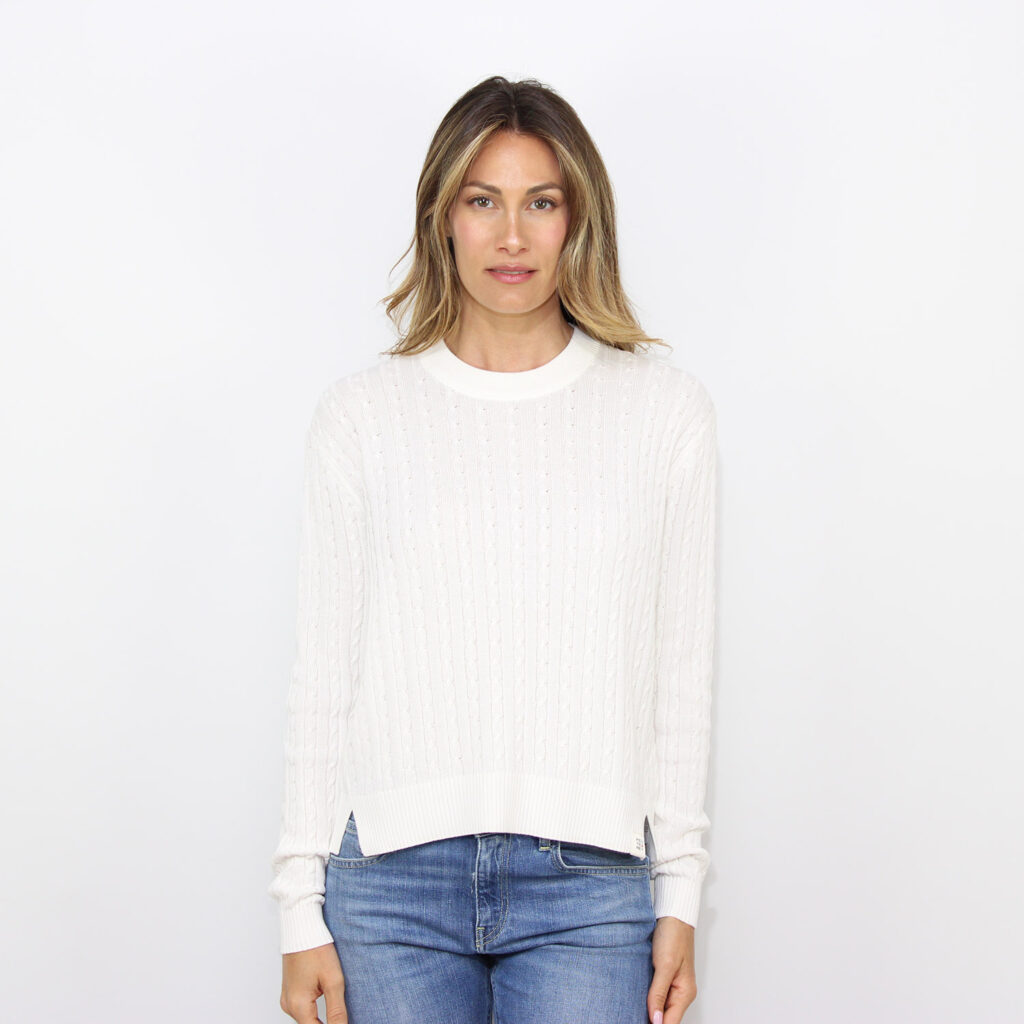 Maglia New Forsizia girocollo a trecce in cotone pergamena