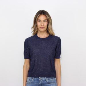 Maglia girocollo manica corta con micropaillettes blu