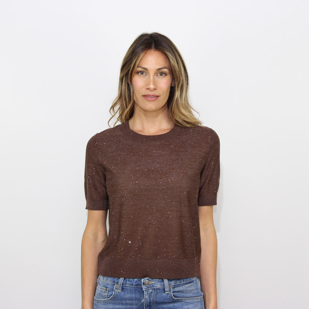 Maglia girocollo manica corta con micropaillettes cioccolato