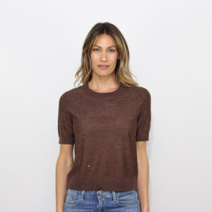 Maglia girocollo manica corta con micropaillettes cioccolato