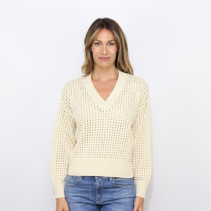 Maglia scollo V a rete crema