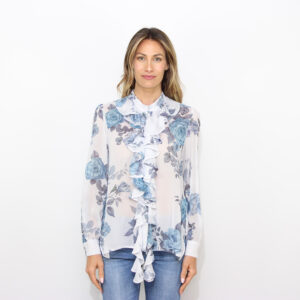 Camicia Canapa in georgette con rouche bianco fiori azzurri
