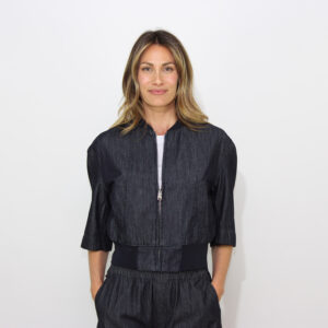 Bomber in denim fisso lavaggio medio scuro pulito