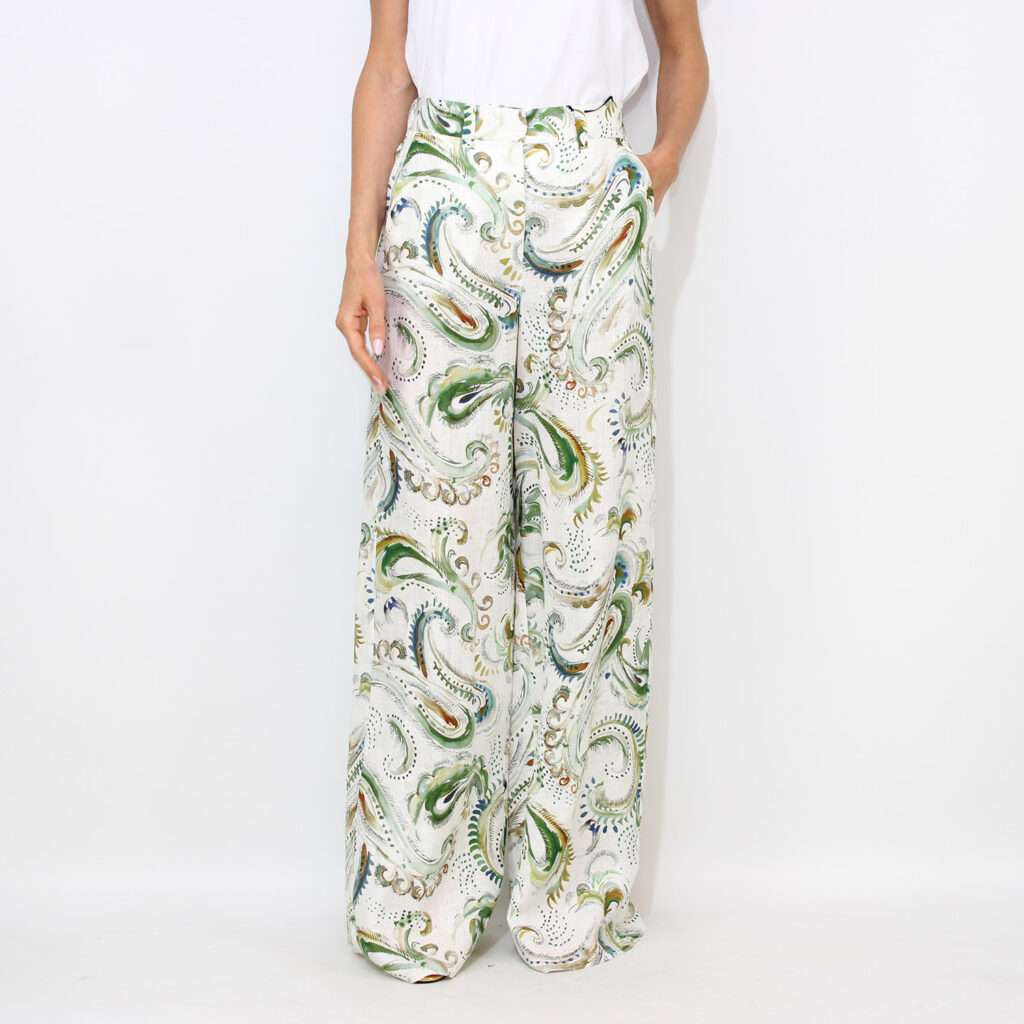 Pantalone a palazzo Domino in lino stampato bianco ottico