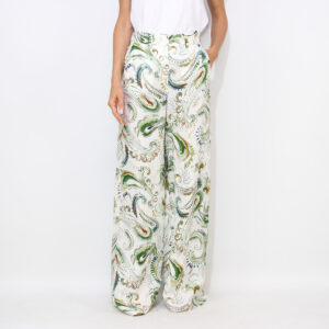 Pantalone a palazzo Domino in lino stampato bianco ottico