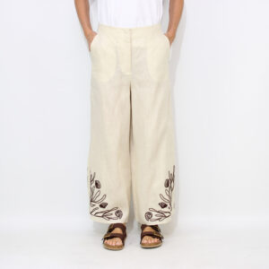 Pantalone Dolce in lino con ricami panna