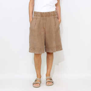 Bermuda con elastico in vita e pinces lino marmorizzato tabacco