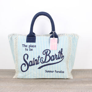Borsa Vanity in canvas a righe verticali panna e azzurra