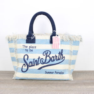 Borsa Vanity in canvas a righe panna e azzurra