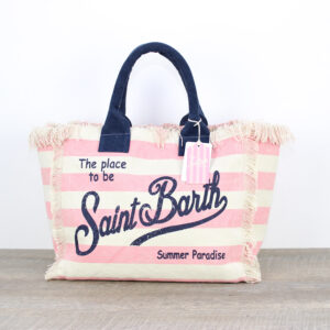 Borsa Vanity in canvas a righe panna e rosa