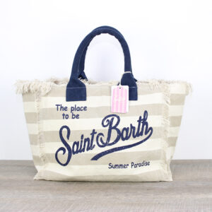 Borsa Vanity in canvas a righe panna e beige