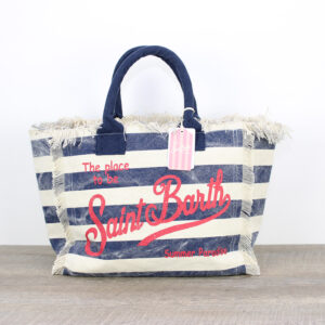 Borsa Vanity in canvas a righe panna e blu