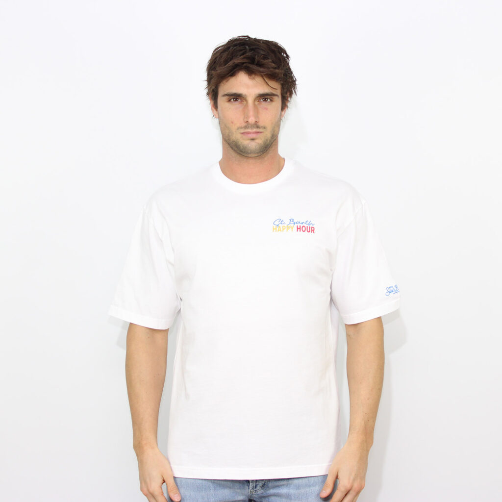 T-shirt relaxed fit stampa fronte e retro happy hour bianco