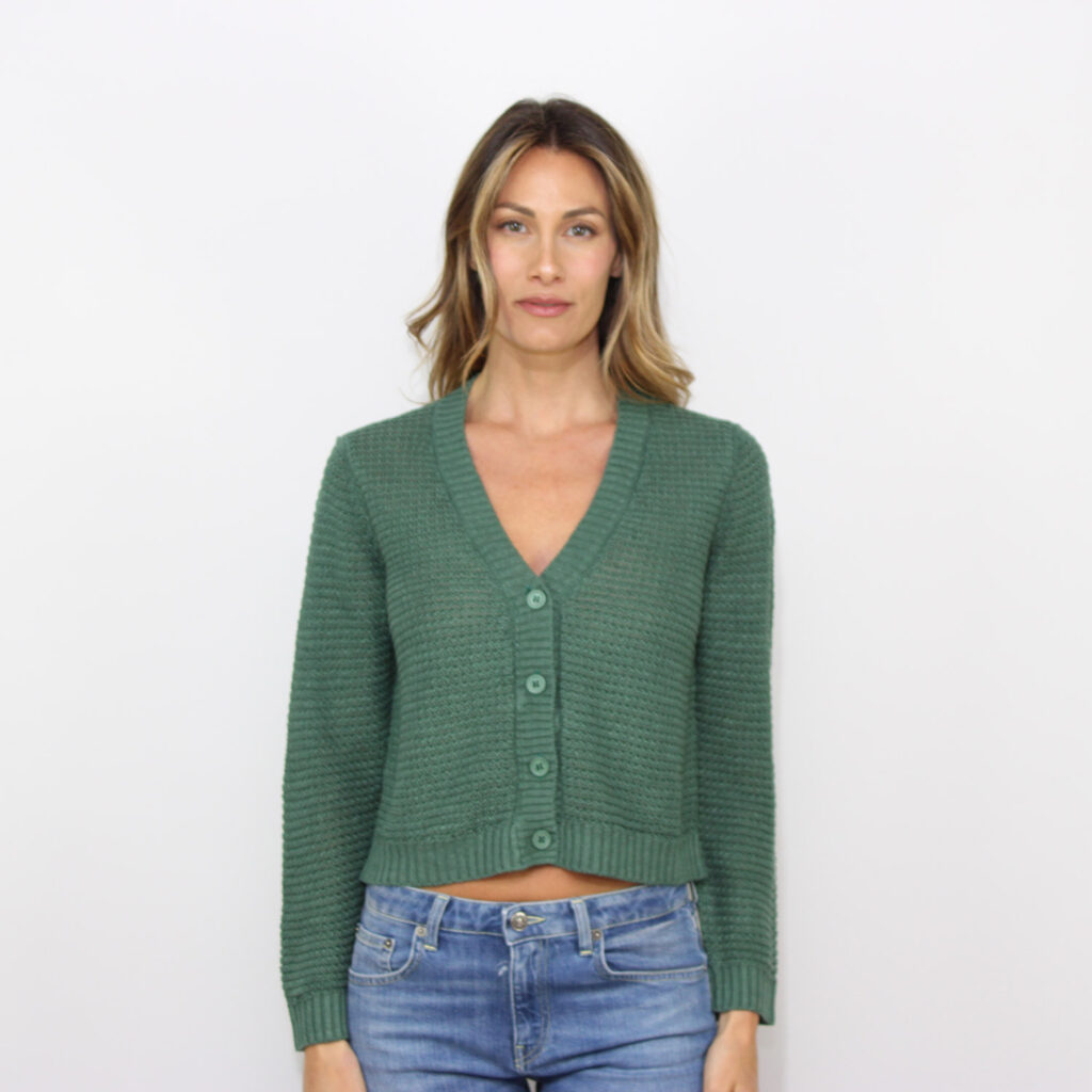 Cardigan in lino scollo V punto grana di riso verde menta