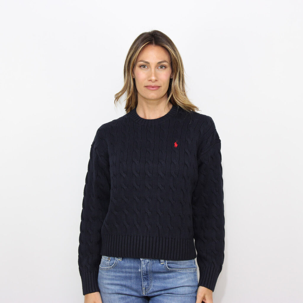 Maglia girocollo boxy in cotone a trecce blu