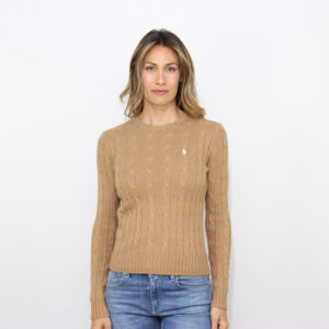 Maglia girocollo in cotone a trecce camel melange
