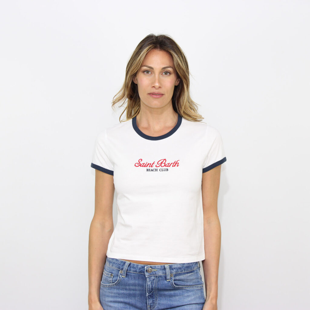 T-shirt Emilie Beach Club profili contrasto bianca blu