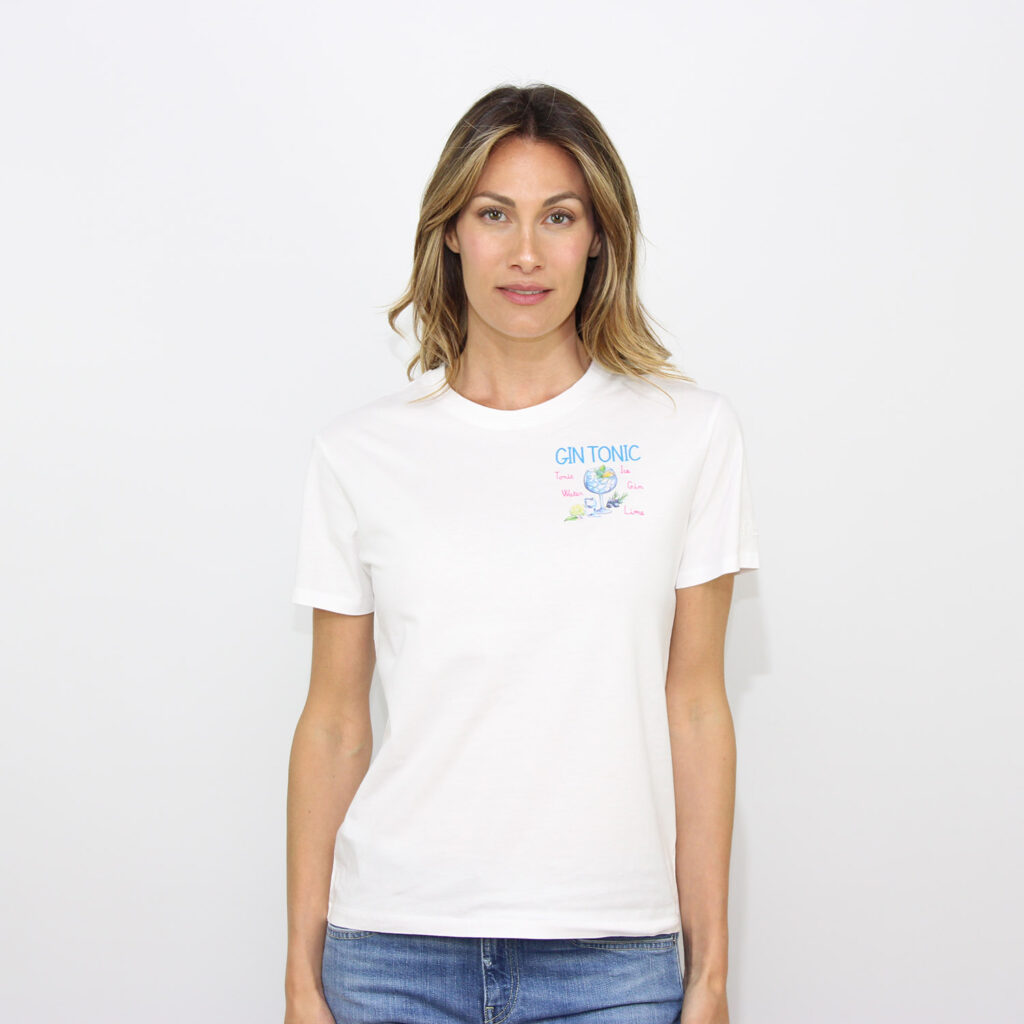 T-shirt Emilie stampa e ricamo Gin glass bianca