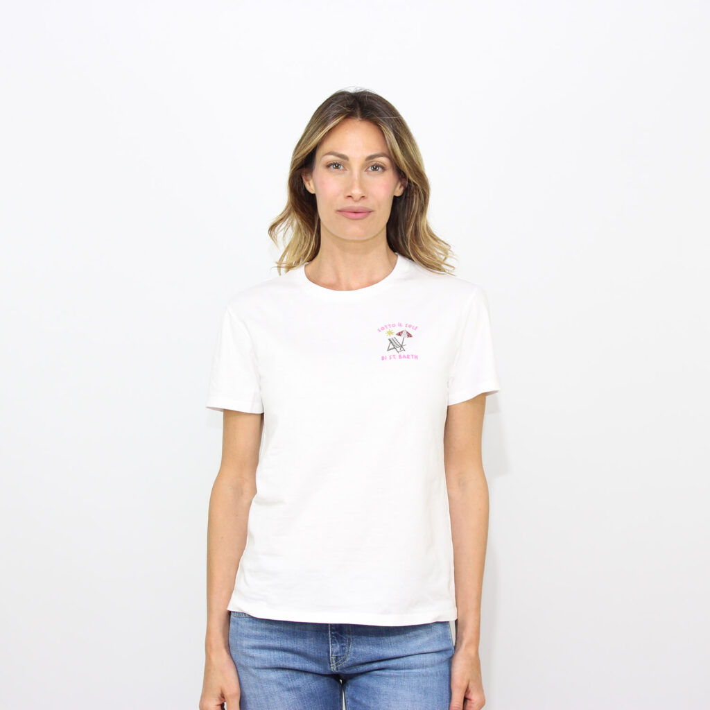 T-shirt Emilie ricamo e strass sotto il sole bianca
