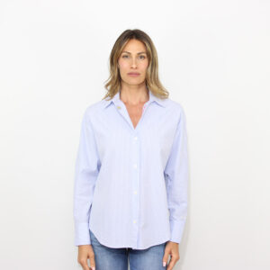 Camicia Cristal in seersucker a righe con ricami azzurra